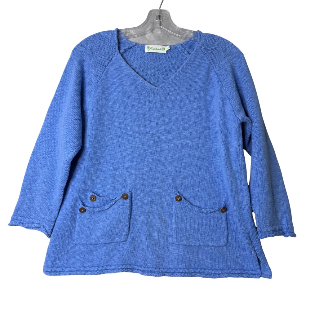 Lulu B V Neck Sweater Womens S/M Blue Lagenlook Pocket Beach Coastal Knit